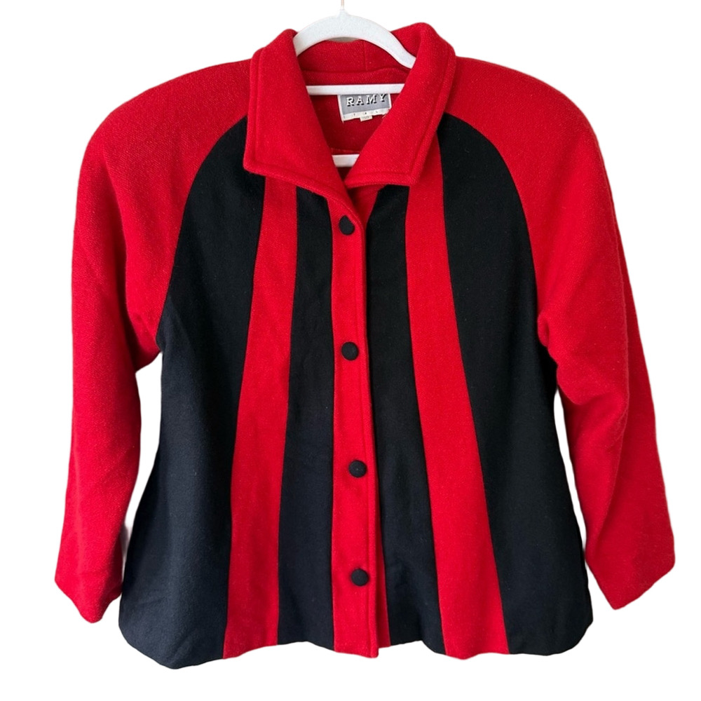 Ramy Brook Vintage 80s Vibrant Red and Black Colorblock Striped Blazer Size 38